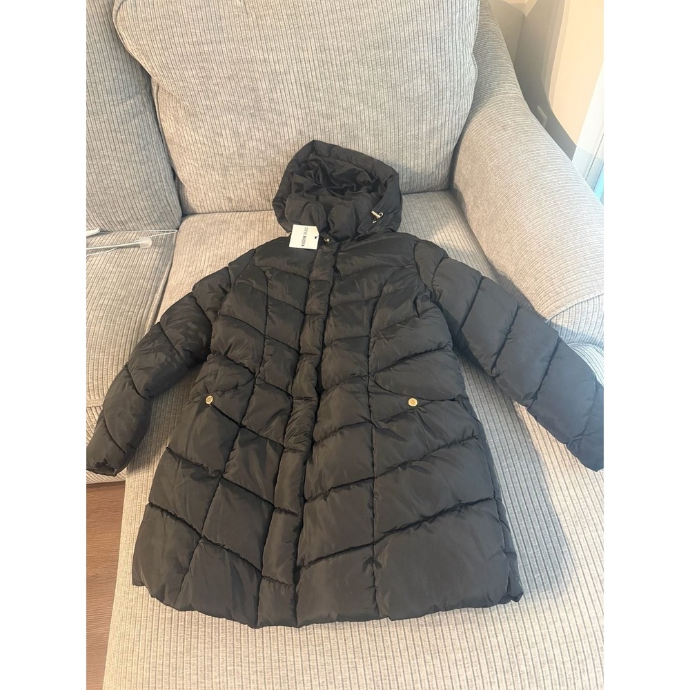 Steve Madden Womens Black Chevron Quilted Hooded Puffer Coat OLA1898 L NWT